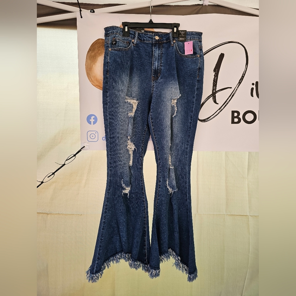 Destructed Flare Fringe Bottom Jeans